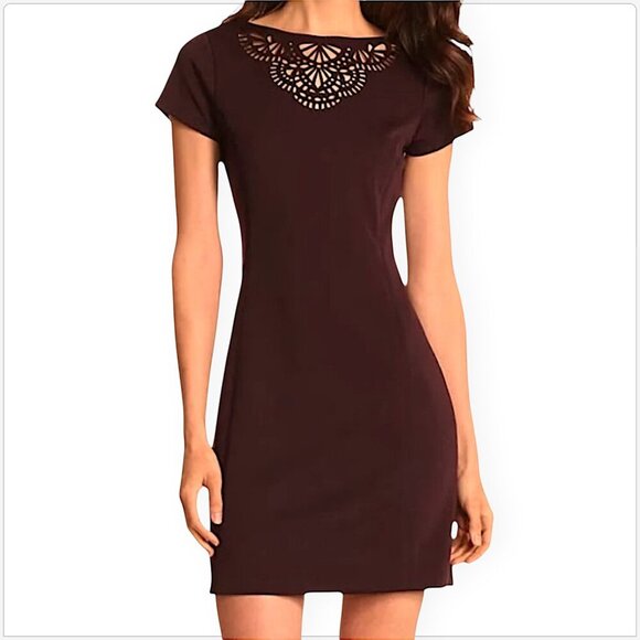 Miss Sixty 60 Emma Eggplant Wine Lasercut Neck Low Back Sheath Mini Dress 6 - Picture 1 of 6